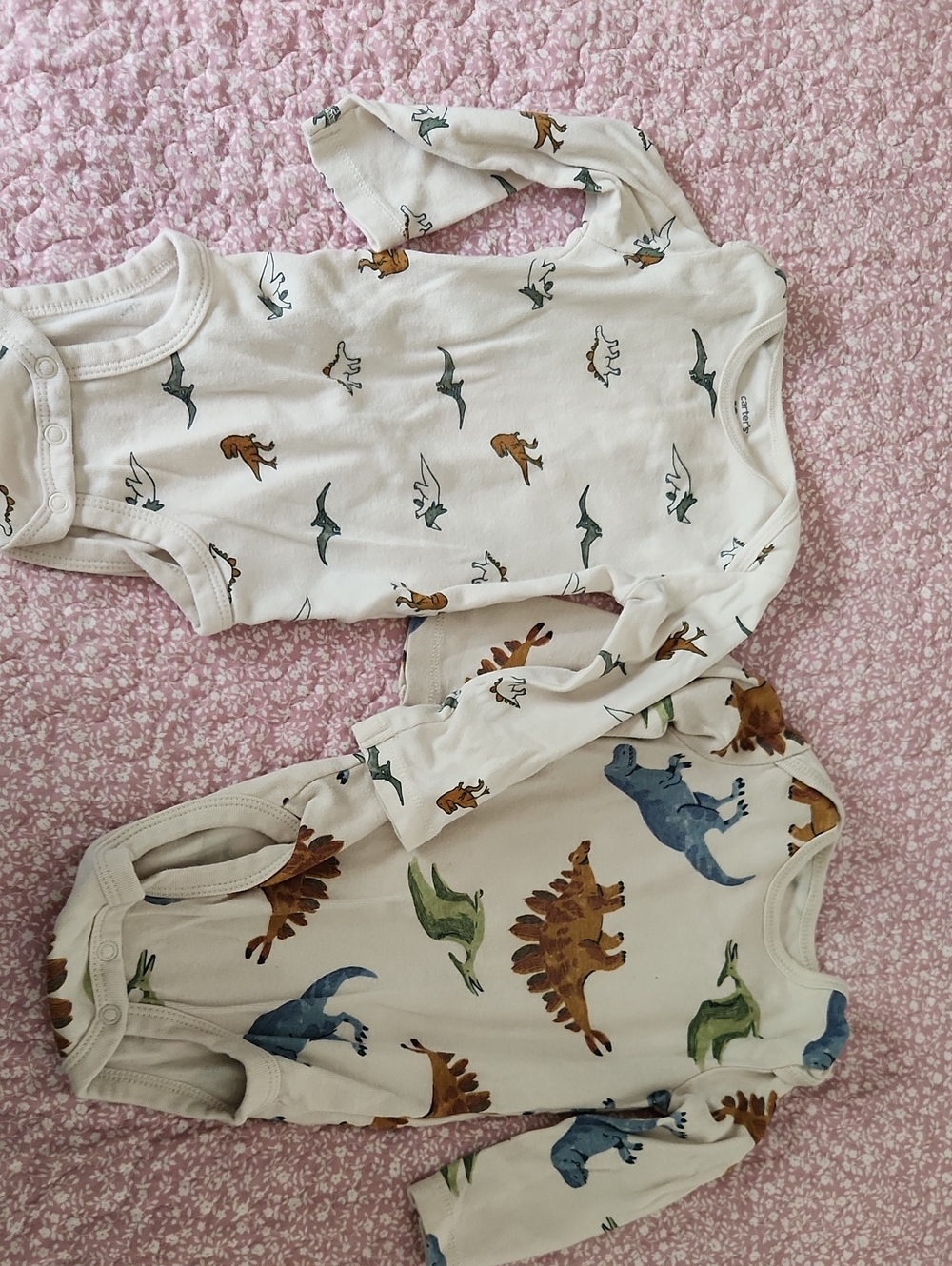 Baby Dino Long Sleeve Bodysuits - Neutral Cream with Blue & Green Dinosaurs
